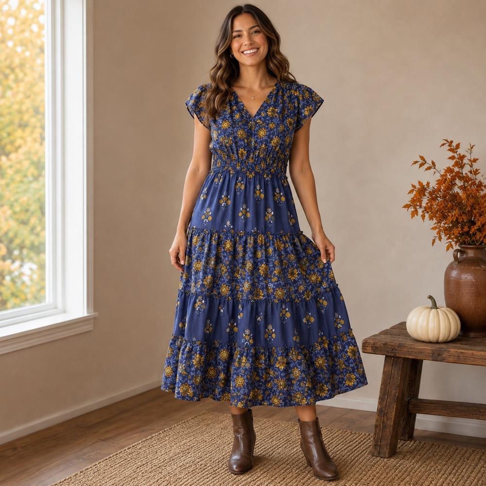 NWT: LEA Blue Floral Dress 2X Smocked Flutter Sleeve 100% Cotton (E702)